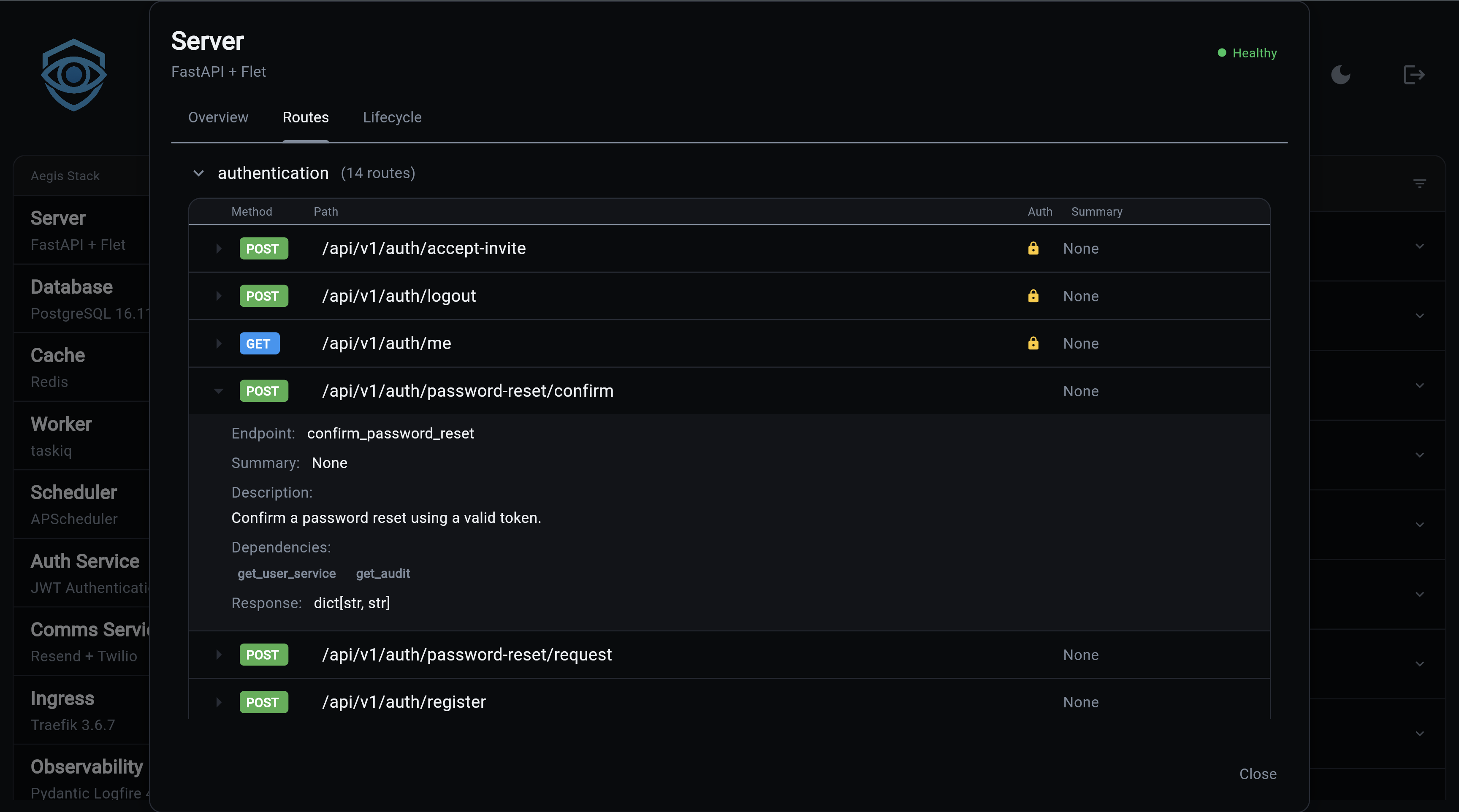 Overseer Backend modal — Routes tab grouping endpoints by OpenAPI tag