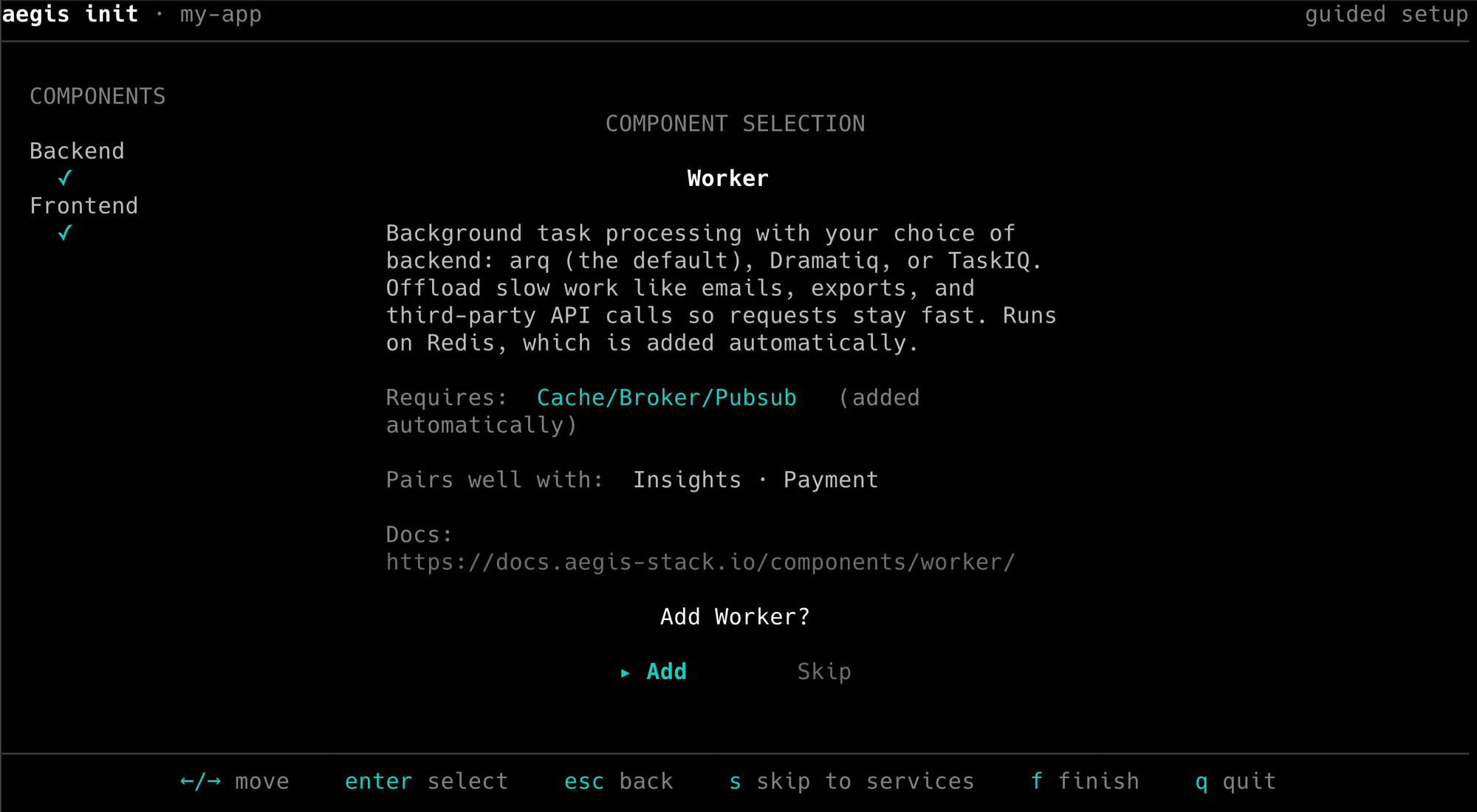 The guided setup: the Worker component screen with the selections sidebar